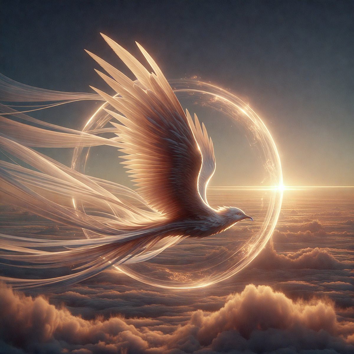 The primary subject of the image is a white bird, possibly a dove, flying through a cloudy sky. The bird is positioned in the center of the scene, with its wings spread wide. The setting is a cloudy sky, which adds a sense of depth and atmosphere to the image. The visual style appears to be a combination of photo and digital art, creating a realistic yet artistic representation of the bird in flight. The colors in the image are predominantly white and gray, with the clouds adding a touch of warmth